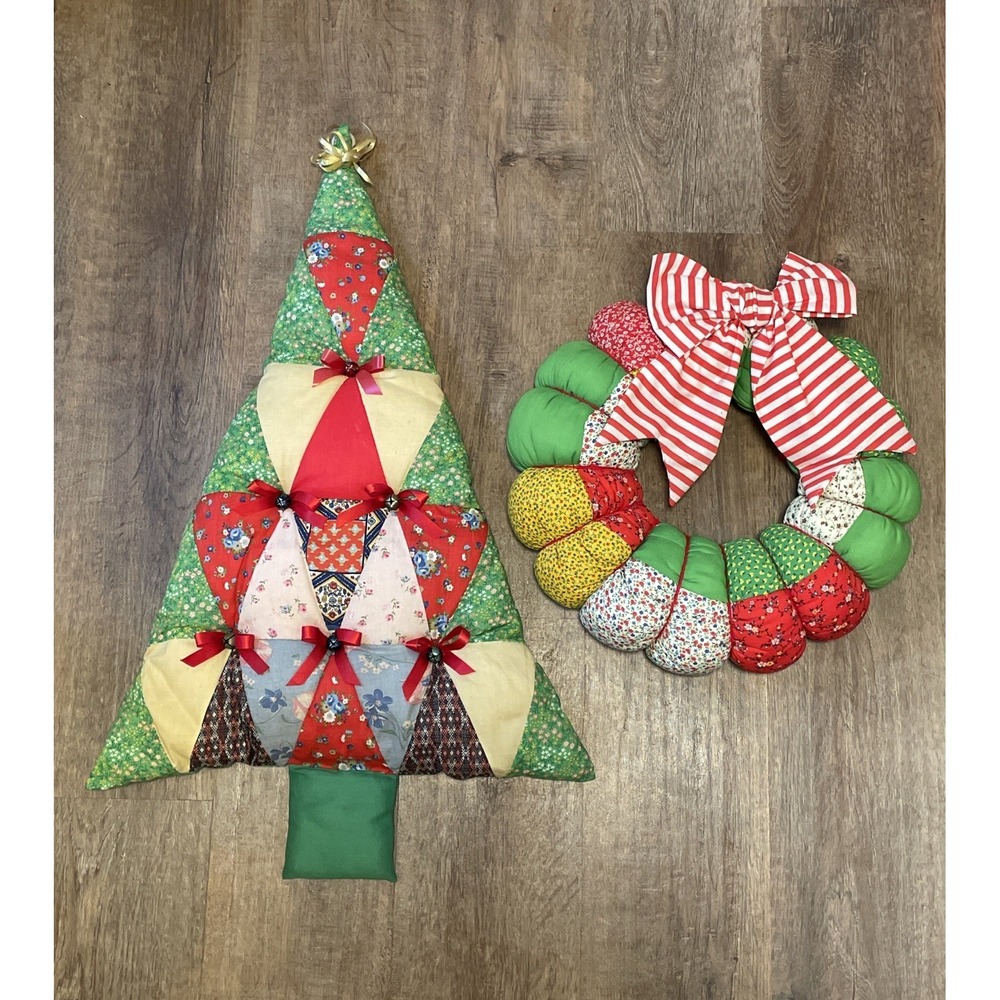 VTG Handmade Christmas Wreath & Tree Holiday Print Cottage Core Quilted Stuffed